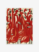 Red flamingo wall art, dense flock of stylised birds with curved necks and black beaks, on cream background