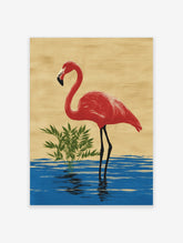 Red flamingo standing in blue water with green foliage, beige background, unframed paper print
