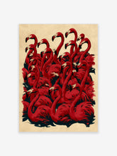Red flamingo flock illustration art print on beige background, dense composition