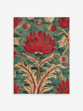 Red floral tapestry wall art with a large central flower and intricate gold and red botanical motifs on a teal green background.