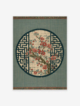 Red flower branch botanical illustration in a circular frame with geometric background