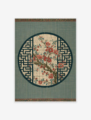 Red flower branch botanical illustration in a circular frame with geometric background