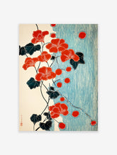 Red flower botanical poster with dark leaves and red berries on a vine, set against a background of blue vertical stripes in a Japanese art style.
