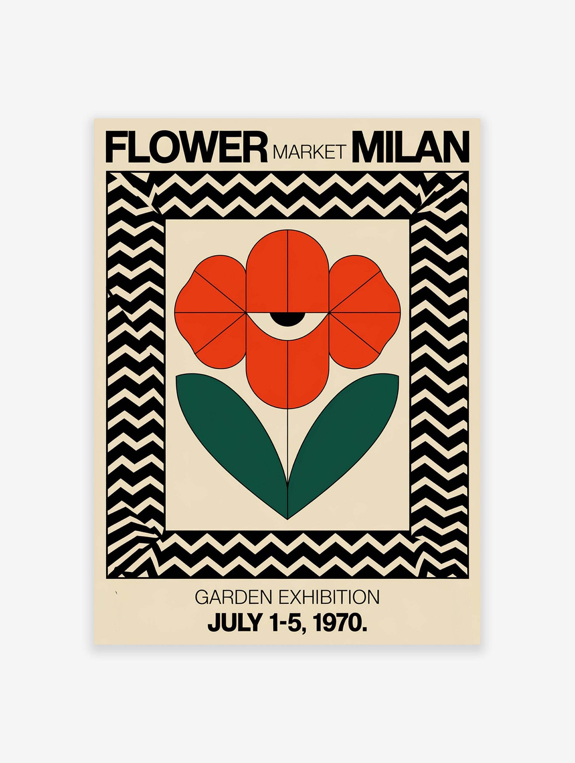 Red flower poster with an eye motif and green leaves, framed by black and cream chevron pattern, for Milan Garden Exhibition.