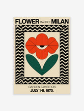 Red flower poster with an eye motif and green leaves, framed by black and cream chevron pattern, for Milan Garden Exhibition.