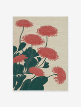 Red flower botanical illustration with chrysanthemums and dark green leaves on a light beige background, Japanese art style.