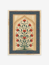 Red flower botanical print with symmetrical stems inside a Mughal arch and blue gold vine border