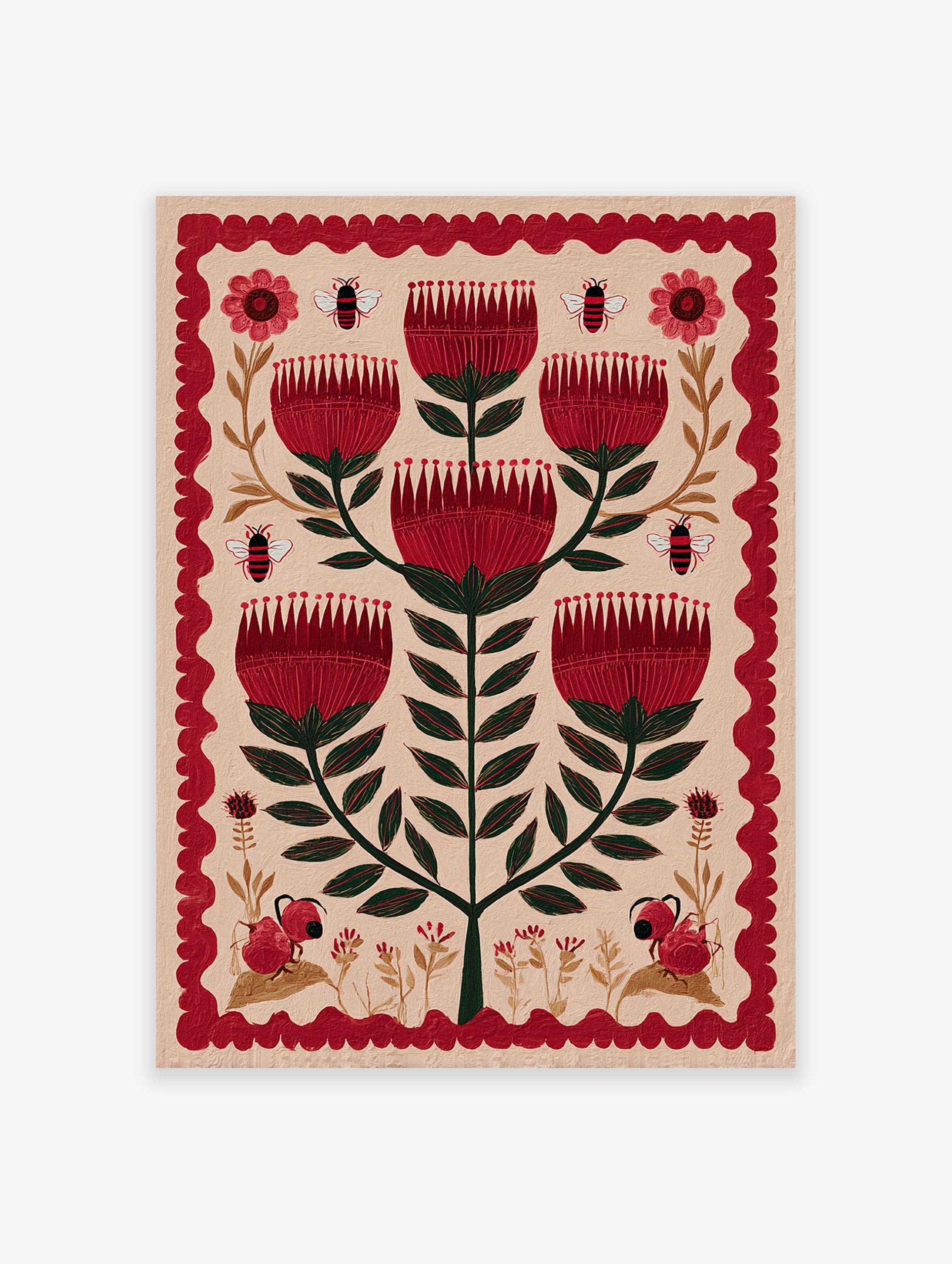 Red flower botanical folk art illustration featuring a central plant with multiple red blooms, bees, and ant-like creatures.