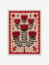 Red flower botanical folk art illustration featuring a central plant with multiple red blooms, bees, and ant-like creatures.