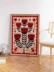 Red flower botanical folk art illustration featuring a central plant with multiple red blooms, bees, and ant-like creatures. - Image 2
