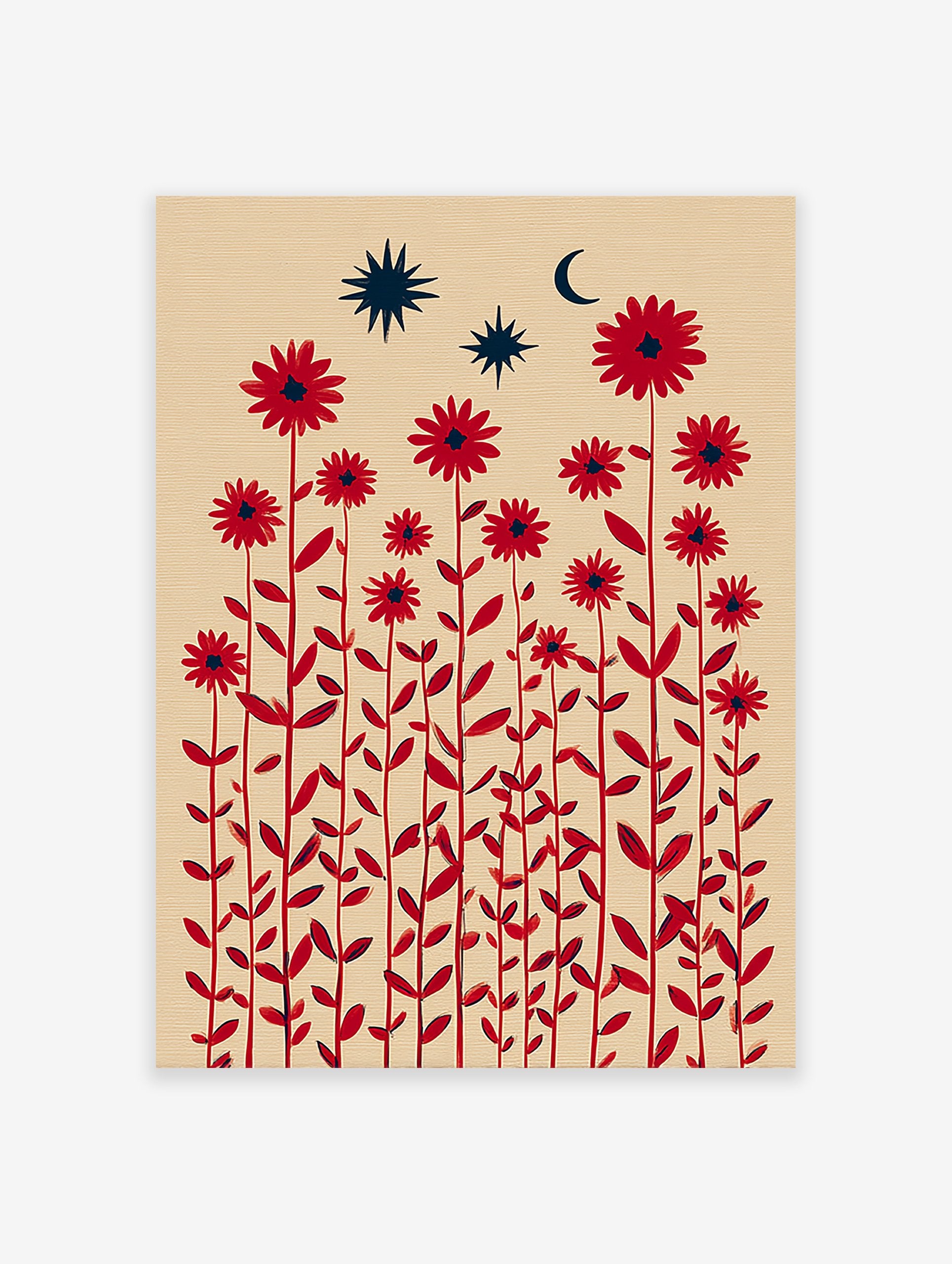 Red flower botanical wall art with stars and a crescent moon against a beige background, featuring tall stems and leaves.