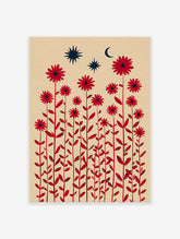 Red flower botanical wall art with stars and a crescent moon against a beige background, featuring tall stems and leaves.