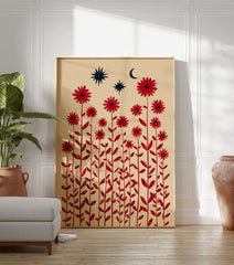 Red flower botanical wall art with stars and a crescent moon against a beige background, featuring tall stems and leaves. - Image 3