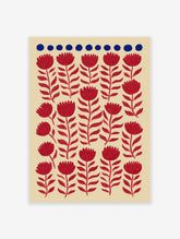 Red flower botanical illustration pattern art print with blue dots on a beige background, featuring stylized folk art flowers.
