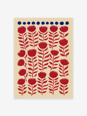 Red flower botanical illustration pattern art print with blue dots on a beige background, featuring stylized folk art flowers.