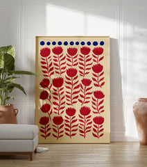 Red flower botanical illustration pattern art print with blue dots on a beige background, featuring stylized folk art flowers. - Image 3
