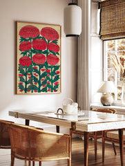 Red Waratah-style flower botanical illustration wall art print with green leaves on a textured beige background. - Image 2