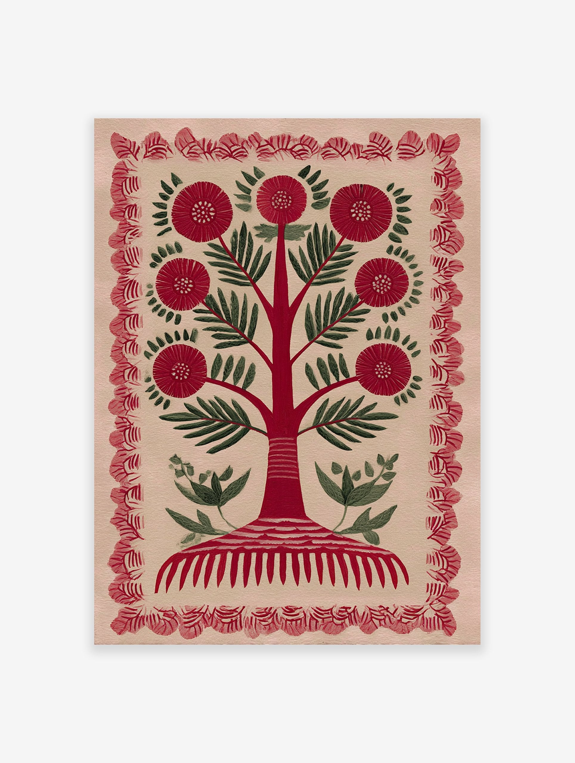 Red flower folk art tree illustration print with green leaves and a decorative red border on a light background.
