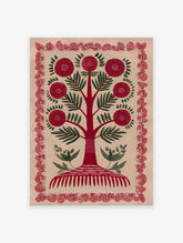 Red flower folk art tree illustration print with green leaves and a decorative red border on a light background.