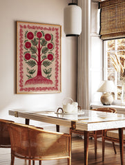 Red flower folk art tree illustration print with green leaves and a decorative red border on a light background. - Image 3