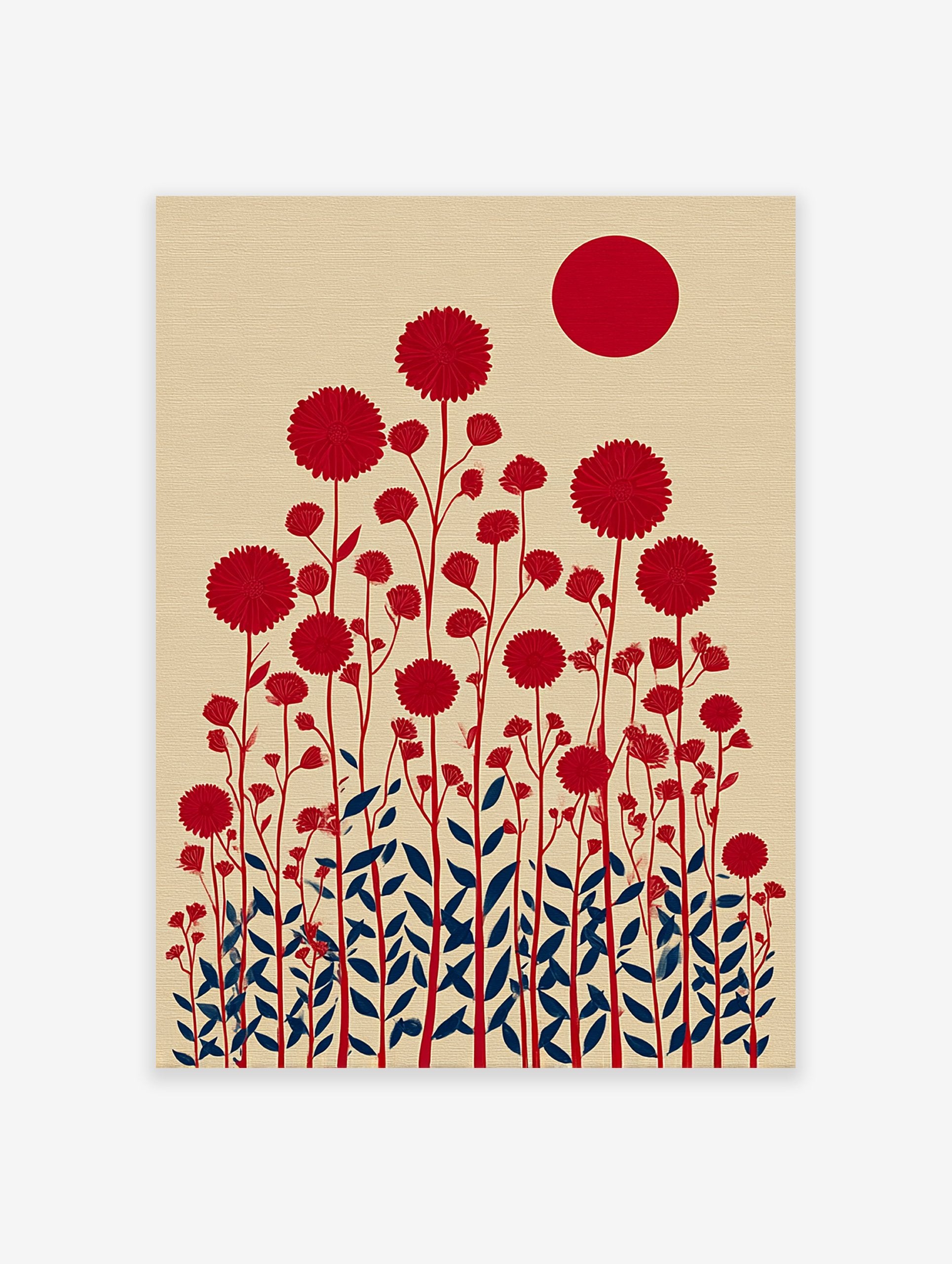 Red flower botanical illustration art print with dark blue leaves and a red sun on a beige textured background.
