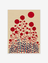 Red flower botanical illustration art print with dark blue leaves and a red sun on a beige textured background.