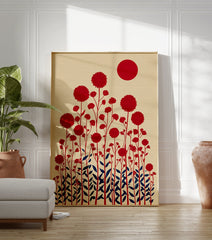 Red flower botanical illustration art print with dark blue leaves and a red sun on a beige textured background. - Image 3