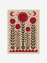 Red flower wall art with mystical eyes, green stems, crescent moons, and stars on a light background in a folk art style.