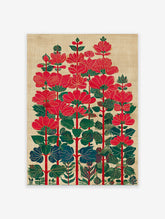 Stylized red flower botanical illustration art print with green and blue leaves on a textured beige background.