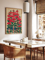 Stylized red flower botanical illustration art print with green and blue leaves on a textured beige background. - Image 2