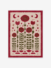 Red folk art flower botanical illustration print with moons, stars, and insects on a beige background.
