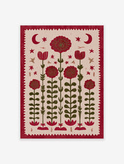 Red folk art flower botanical illustration print with moons, stars, and insects on a beige background.