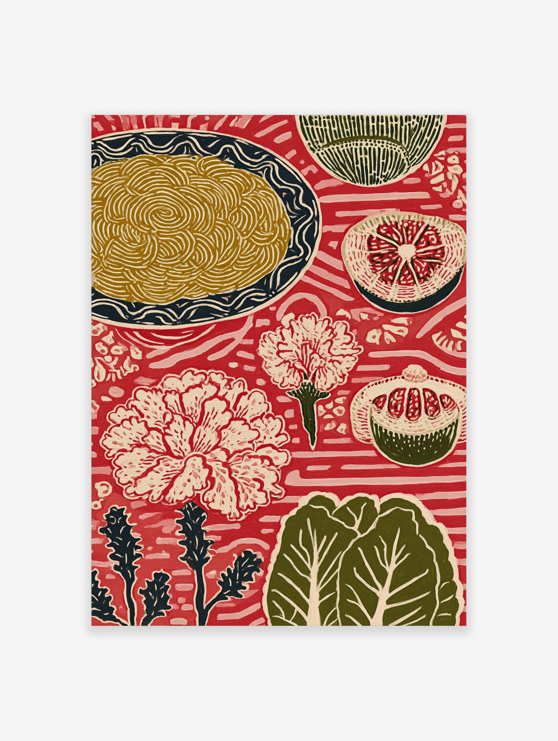 Red folk art print with plate of noodles, sliced grapefruit, pomegranate, and white flowers on patterned background