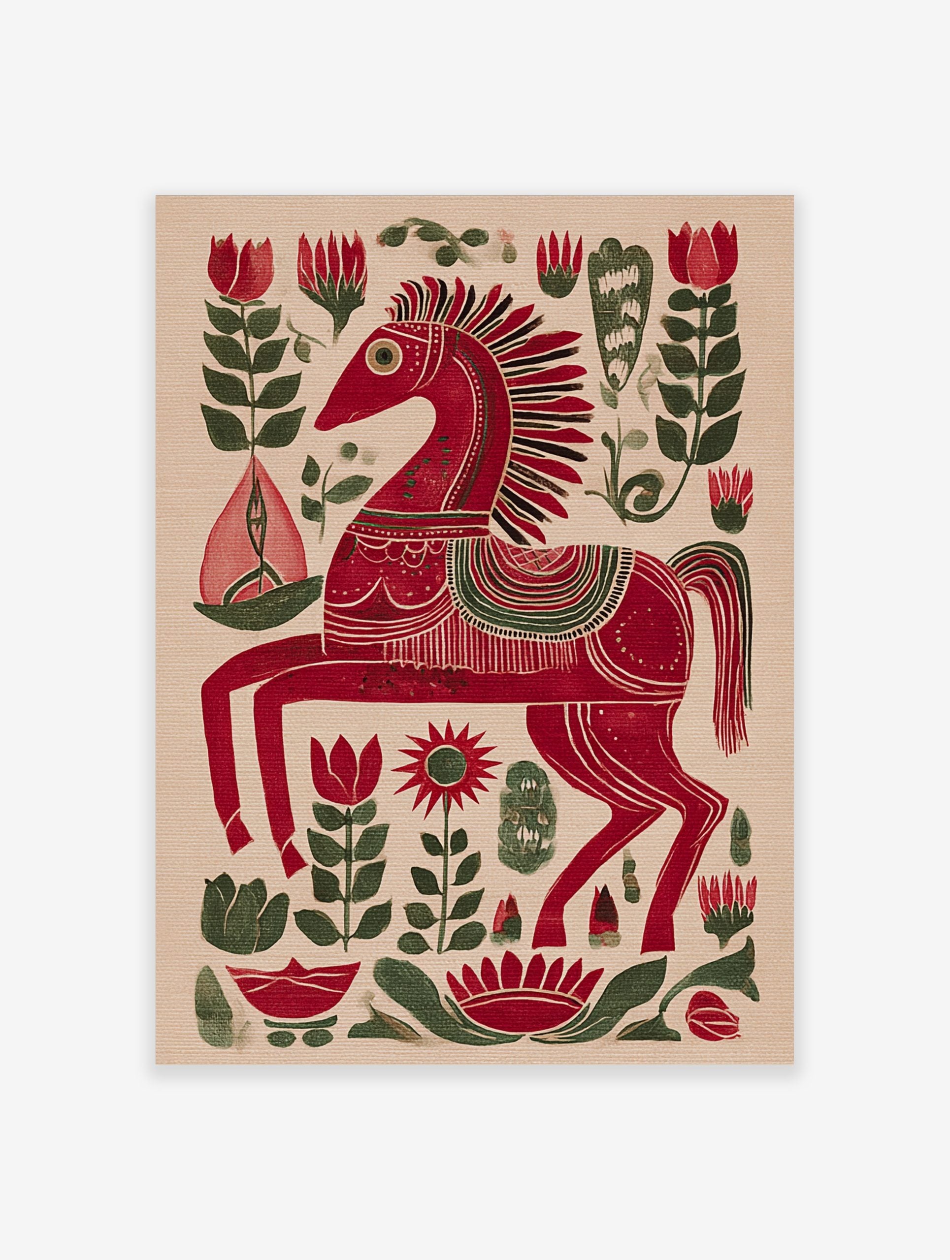 Red folk art horse print with intricate white and green patterns, surrounded by red and green botanical motifs