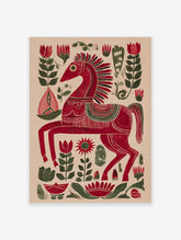 Red folk art horse print with intricate white and green patterns, surrounded by red and green botanical motifs