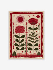 Red folk art botanical print with stylized flowers, sun, moon, and stars on a beige background.