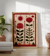 Red folk art botanical print with stylized flowers, sun, moon, and stars on a beige background. - Image 3