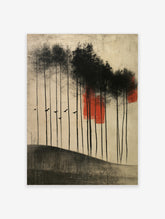 Minimalist forest art print with black tree silhouettes, five flying birds, and a red block on beige background