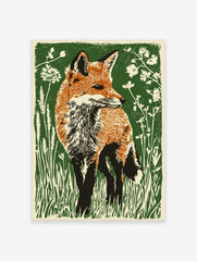Illustrative linocut style print of a red fox with orange fur in green grass and white flowers