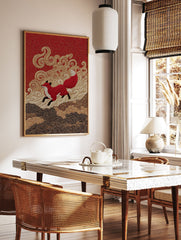 Vibrant Red Fox Poster in Japanese embroidery style, featuring a leaping red fox on a rich red background with golden waves. - Image 2