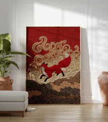 Vibrant Red Fox Poster in Japanese embroidery style, featuring a leaping red fox on a rich red background with golden waves. - Image 3