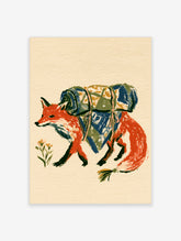 Red fox art print carrying bedroll and blue bandana, painted animal illustration on cream background
