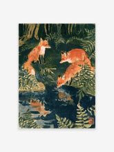 Japanese watercolour red fox art print with three foxes by a forest pool and fern leaves