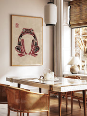 Red and black stylized frog art print on beige paper with a red artist's seal in the top left corner. - Image 3