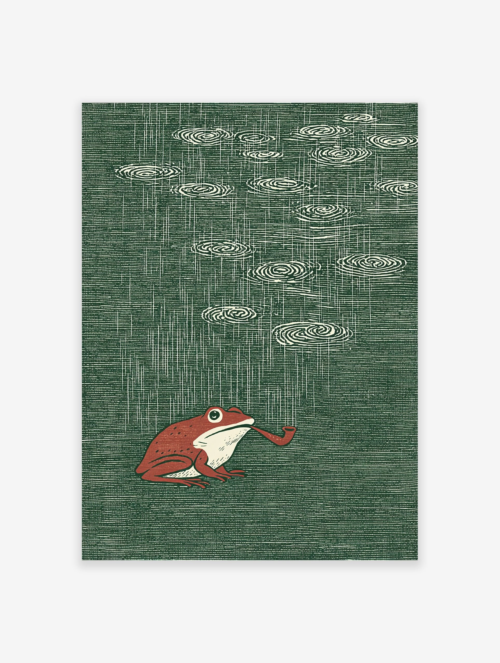 Red frog with a smoking pipe sitting in the rain on a dark green background, unique illustration wall art.