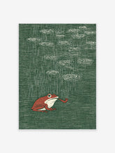 Red frog with a smoking pipe sitting in the rain on a dark green background, unique illustration wall art.