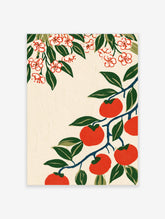 Red fruit and white blossom botanical illustration with green leaves on cream background