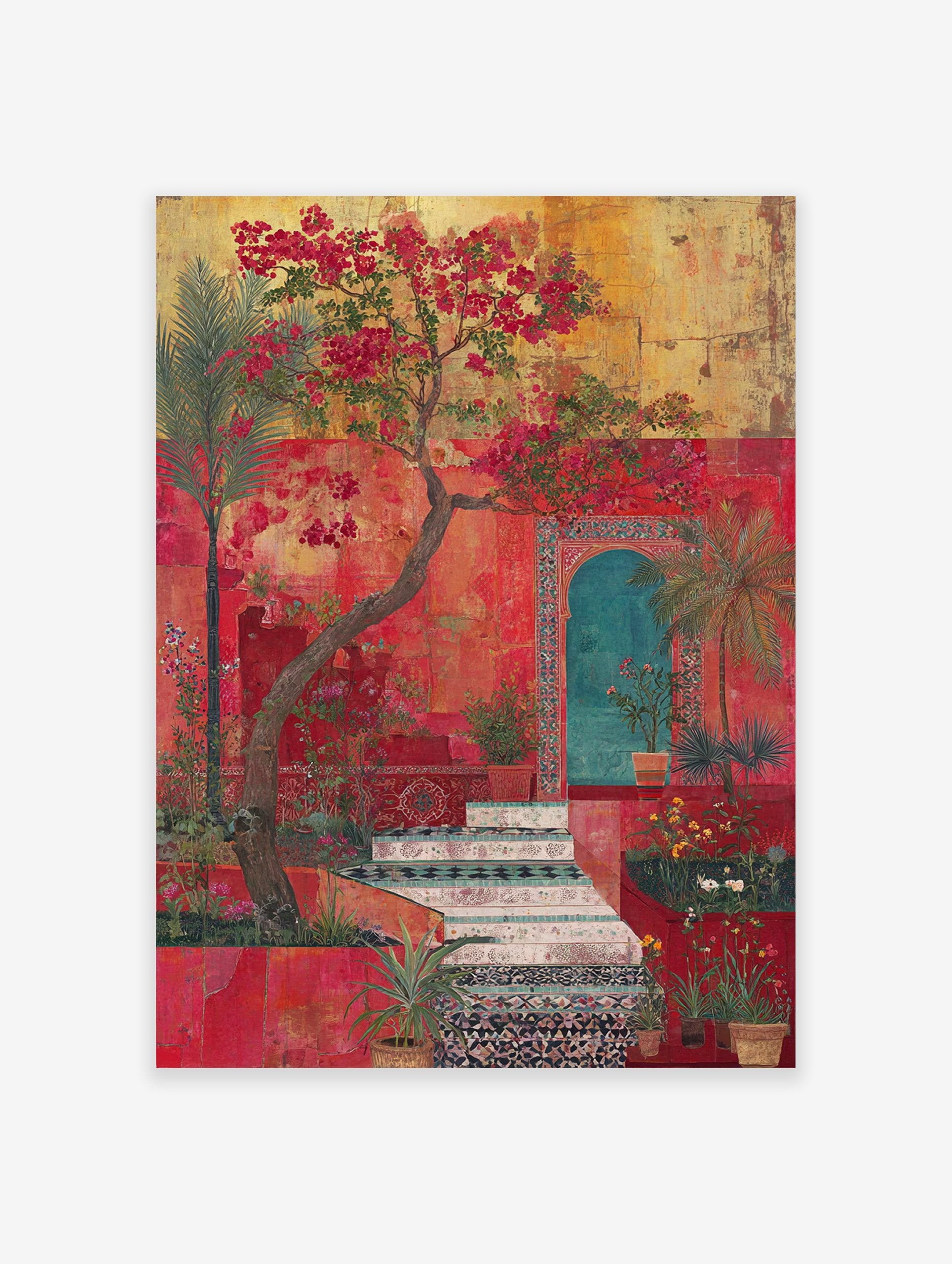 Vibrant Red Garden Poster depicting a Moroccan courtyard with blooming bougainvillea, palm trees, and tiled steps.