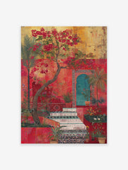 Vibrant Red Garden Poster depicting a Moroccan courtyard with blooming bougainvillea, palm trees, and tiled steps.