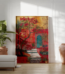 Vibrant Red Garden Poster depicting a Moroccan courtyard with blooming bougainvillea, palm trees, and tiled steps. - Image 3